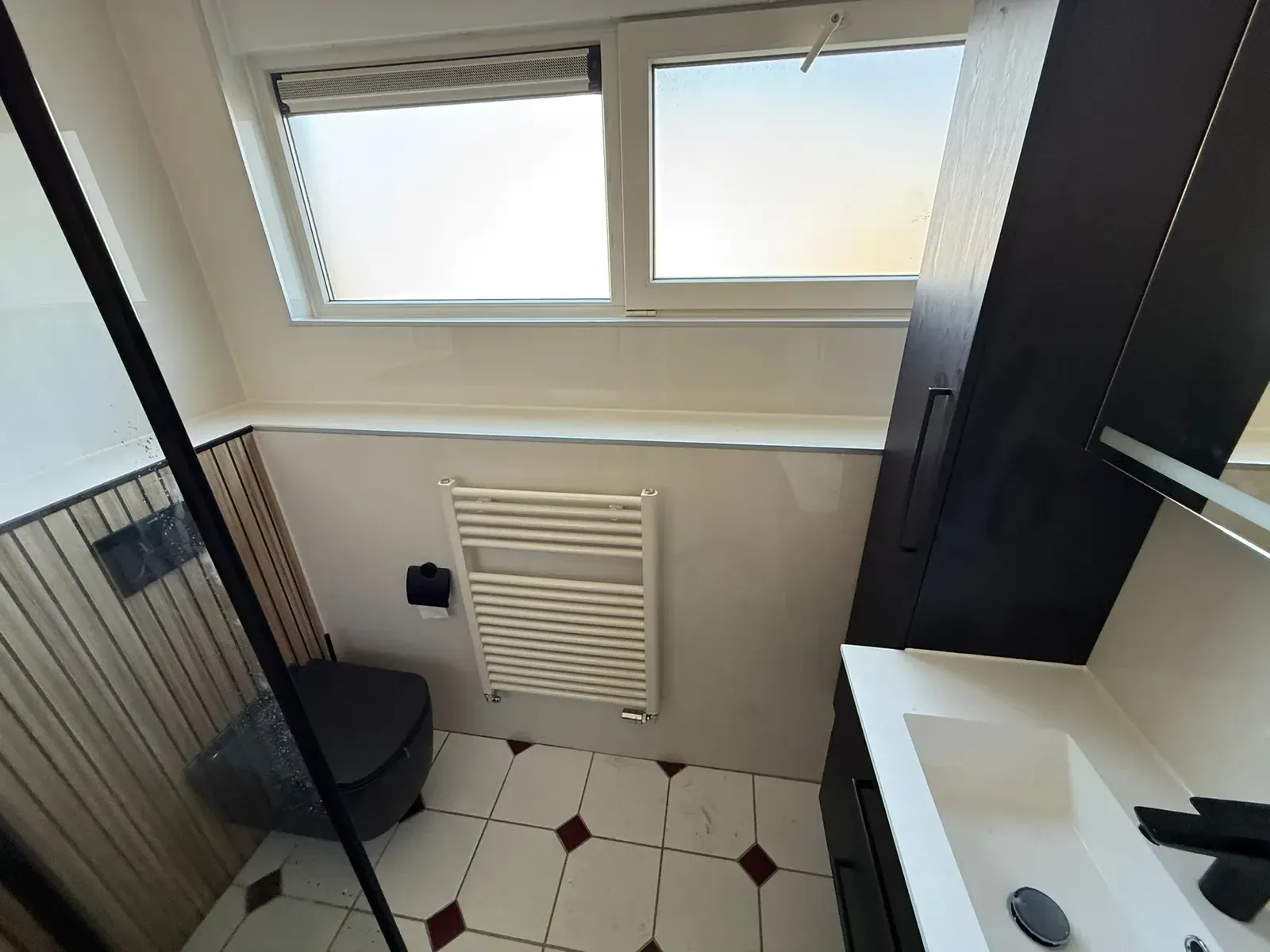 Badkamer met zwart hangtoilet, radiator, wastafel en hoge kast onder dakramen