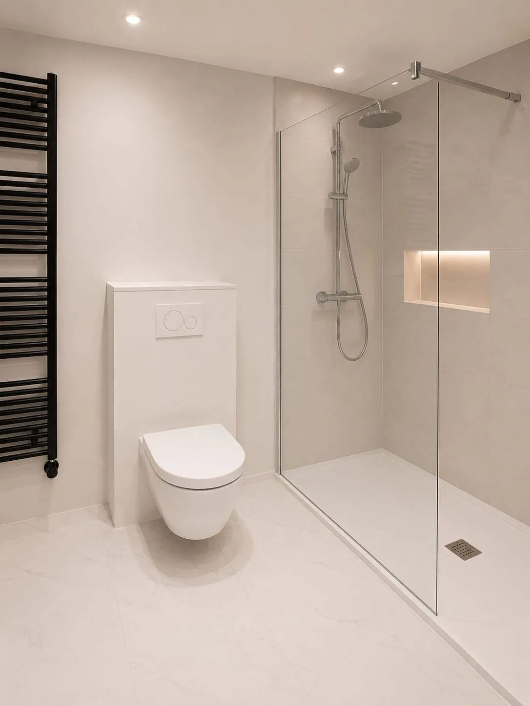Lichte badkamer met inloopdouche achter glazen wand, hangtoilet, nisverlichting en zwarte radiator