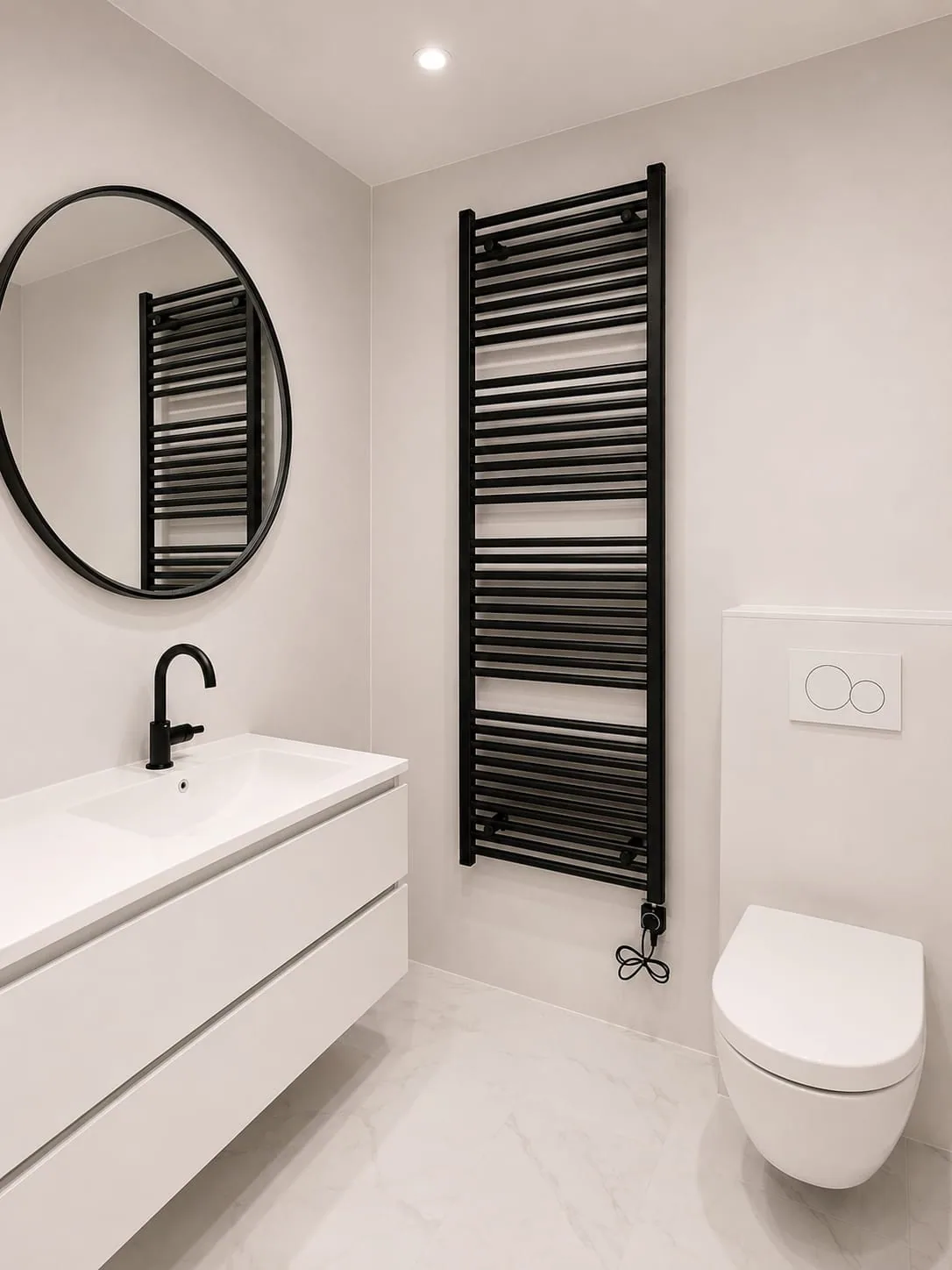 Witte badkamer met wastafelmeubel, ronde spiegel, zwarte handdoekradiator en hangtoilet